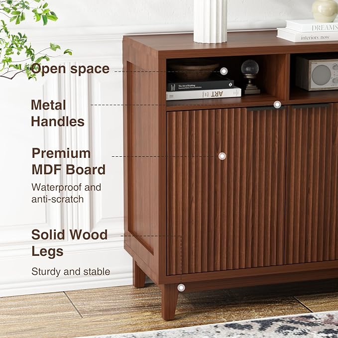 Buffet Cabinet with Storage - Elegant Fluted Storage Cabinet with Adjustable Shelves and Solid Wood Leg, Modern Buffet Sideboard for Living Room, Dining Room, Entryway-NeatNest