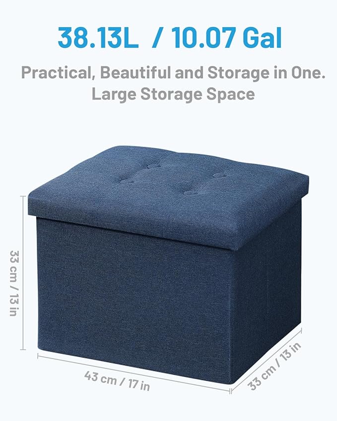 AmasSmile Storage Ottoman Folding Foot Rest Stool, 17 inch Linen Footstool Bench, Short Ottoman Bench, Storage Foot Rest Store, Books, Light Blue