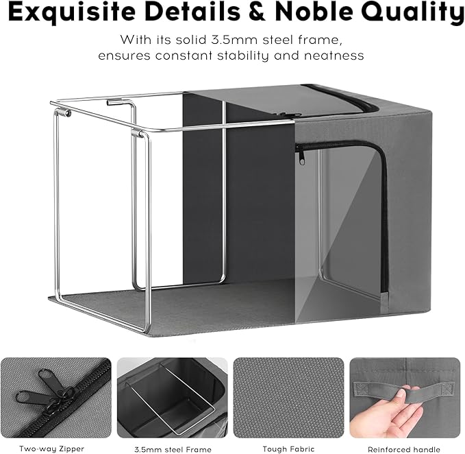 3-Pack Clothes Storage Bins with Metal Frame, Foldable 40L Linen Storage Boxes with Lids, Organizer with Clear Windows, Zippers & Durable Handles (Gray)-NeatNest