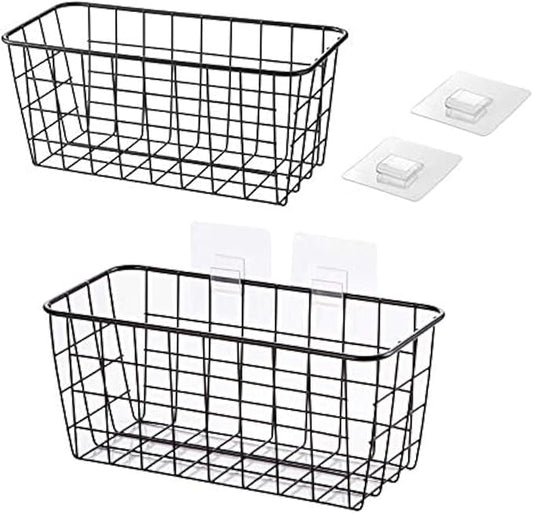 2 Set Hanging Wall Basket Organizer Over the Cabinet Door Wire Baskets for Organizing -No Drilling Adhesive Wall Storage Basket, Space-Saving Hanging Baskets for Organizing Wall Mount Storage,Black-NeatNest