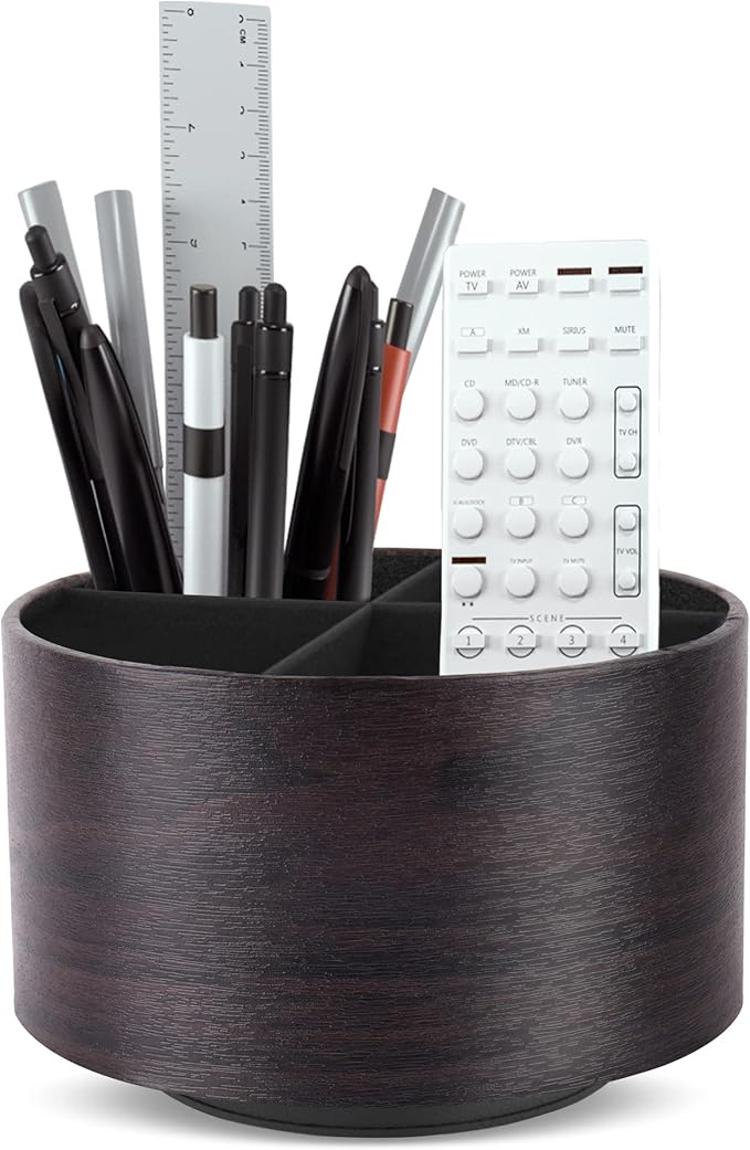Hennaja Round Leather Art Supply Organizer,Remote Control Holder,360 Degree Spinning,Multi-Functional Pencil Holder,4 Compartments Desktop Stationary Organizer(1-Dark Brown2)-NeatNest