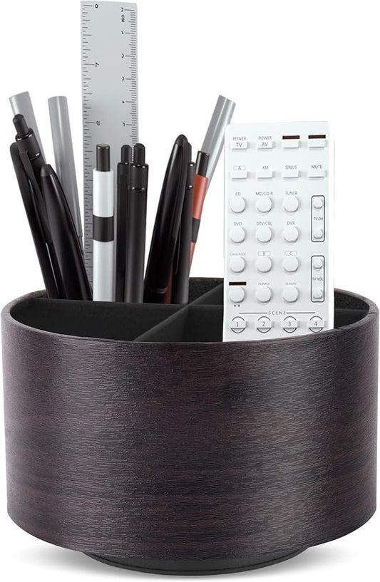 Hennaja Round Leather Art Supply Organizer,Remote Control Holder,360 Degree Spinning,Multi-Functional Pencil Holder,4 Compartments Desktop Stationary Organizer(1-Dark Brown2)-NeatNest