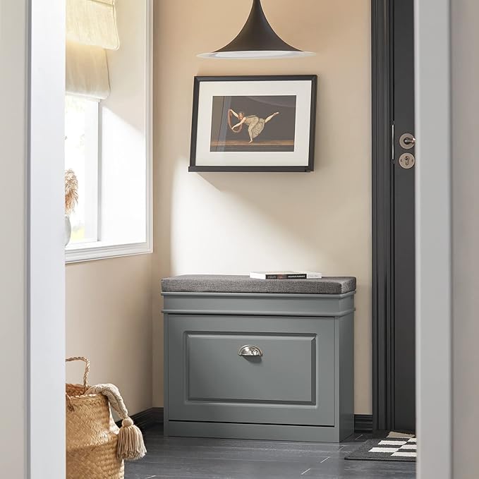 Haotian Grey Hallway Shoe Bench, Narrow Shoe Rack with Adjustable Shelf, Small Shoe Cabinet with 1 Flip-Drawer and Seat Cushion, FSR82-K-HG-NeatNest
