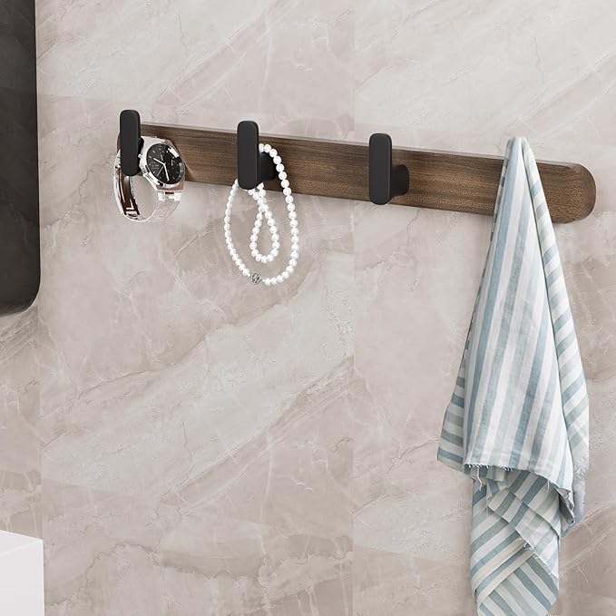 Coat Rack Wall Mount，Solid Walnut Wall Mounted Coat Rack with 4 Heavy Duty Wall Hooks for Hanging Coats，Backpacks，Towels，etc. Coat Hooks Wall Mount for Entryway, Bathroom,etc, Walnut+Black-NeatNest