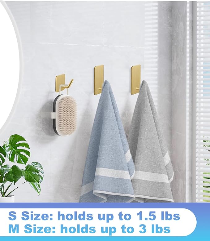 14 Pcs Towel Hooks with Removable Strips for Hanging, Adhesive Wall Hooks Heavy Duty, Outdoor No Damage, Sticky Hook for Bathrooms, Shower, Stockings, Decor, Robe, Small, Gold 304 Stainless Steel
