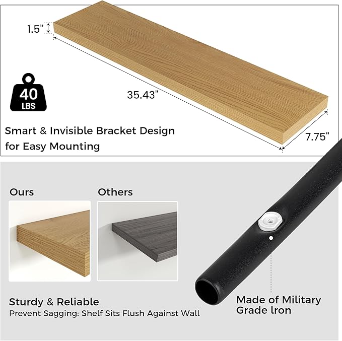 Floating Shelves for Wall, 36"W x 7.8"D x 1.5"H, 2 Pack of Long Wall Mounted Engineered Wood Shelves with Invisible Brackets for Living Room, Bedroom, Bathroom, Kitchen Decor and Storage, Oak-NeatNest
