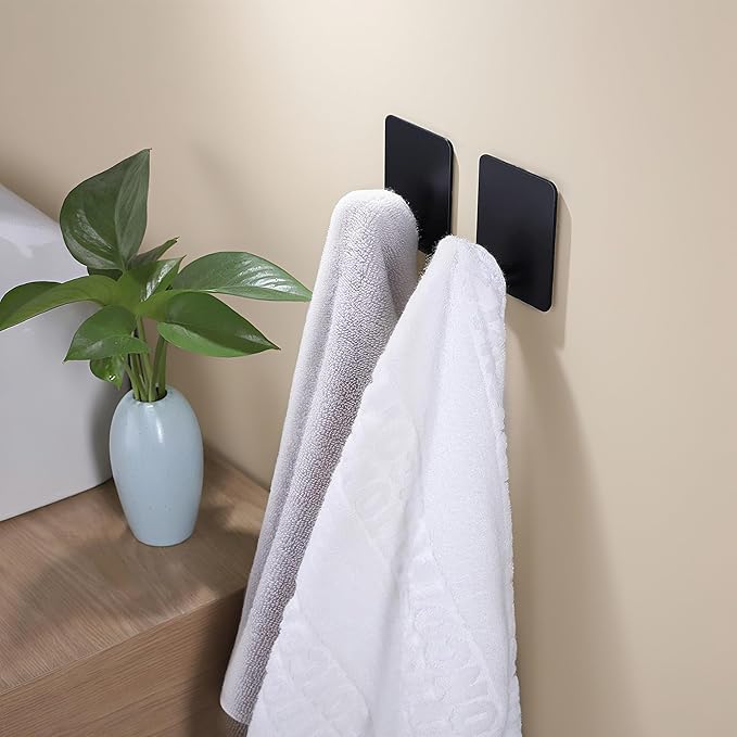 DELITON 8 Pack Adhesive Towel Hooks - Bathroom Towel/Wall Hooks for Hanging Coat Robe Stick on Bathroom or Kitchen Matte Black Stainless Steel-NeatNest