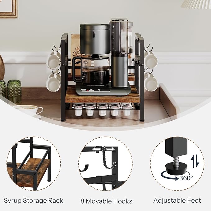 HOOBRO K Cup Holder, Coffee Pod Organizer for Counter, 35 Capacity Pods Storage Organizer Cups with Mug Rack, Coffee Maker Stand, Coffee Station for Syrup, Rustic Brown and Black BF01CR01-NeatNest