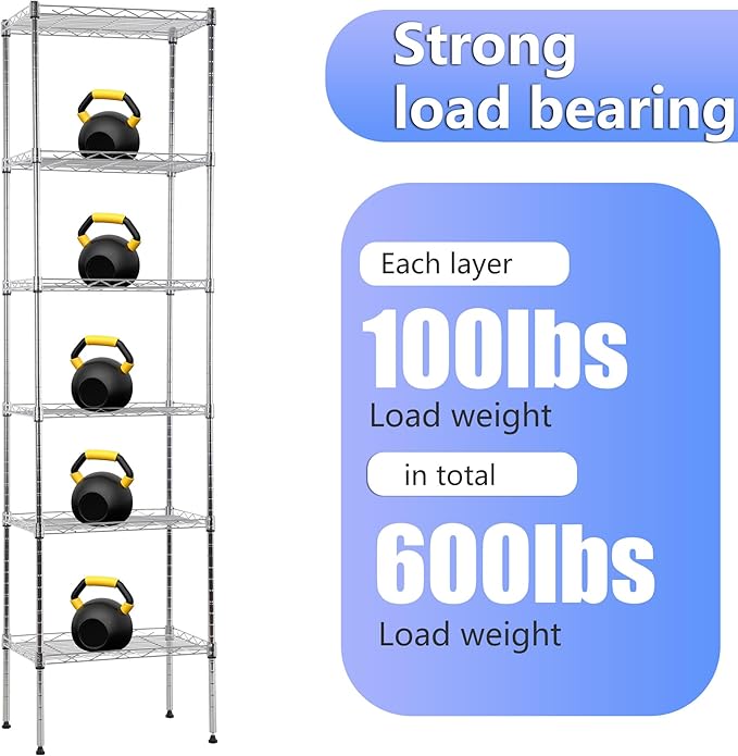 BestOffice Metal Garage Shelving 6 Tiers Garage Storage Shelves Heavy Duty 17”D x 12”W x 64”H Easy Assemble Wire Shelving NSF Certified Storage Shelves with Levling Feet for Home Garage Office, Chrome-NeatNest