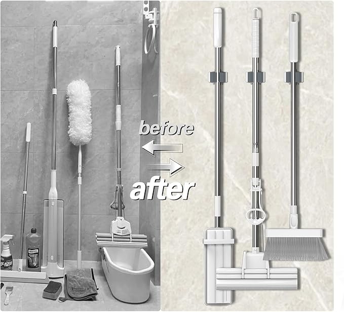 3-H Broom Hanger,Mop Holder Wall Mount 20 Pack, Broom Holder Wall Mount for Hanging and Organizing Shovel,Rake,Brush,Yard Tools in Kitchen,Laundry Room,Bathroom,House(grey)