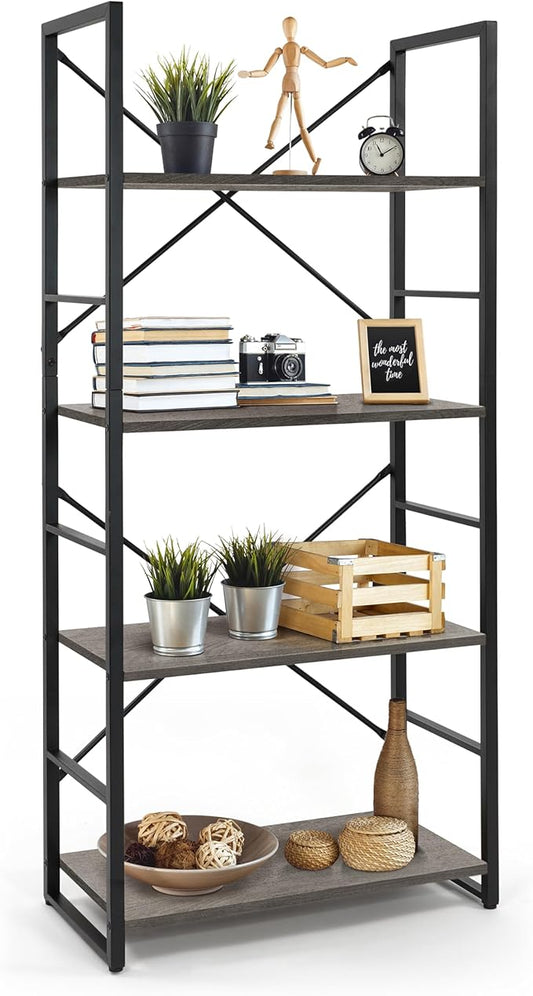 CAPHAUS 4 Tier Bookshelf, 24 Inch Width Free Standing Shelf, Bookcase Shelf Storage Organizer, Industrial Book Shelves for Home Office, Living Room, Kitchen, Dark Grey Vintage Shelves & Metal Frame-NeatNest