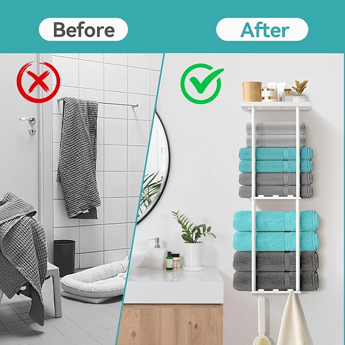 Towel Racks for Bathroom, 3 Tier Metal Towel Holder, with Shelf & 6 Hooks, 29 inch Wall Mounted Towel Storage, 6 Large Bath Towels Capacity,Small Bathroom Towel Rack for Rolled Towels, White