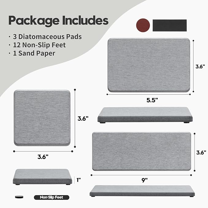 3PCS Bathroom Sink Vanity Trays, Quick Stone Drying Mat Dish Soap Dispenser Sponge Holder for Kitchen Counter, Diatomaceous Earth Water Absorbing Caddy Organizer, Light Grey-NeatNest