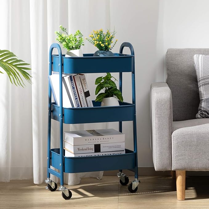 AGTEK Makeup Cart, Movable Rolling Organizer Cart, 3 Tier Metal Utility Cart,Navy Blue-NeatNest