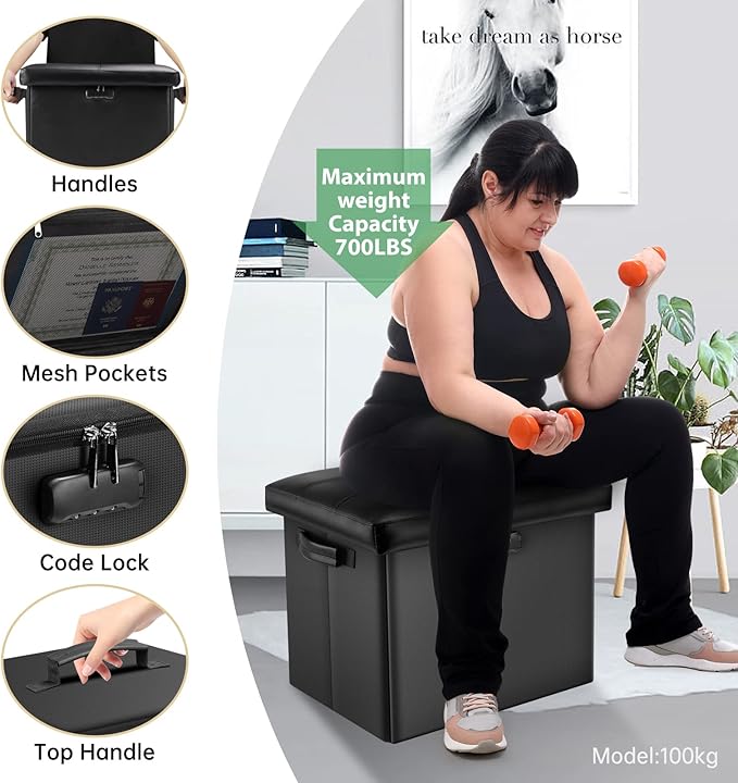 DocSafe Storage Ottoman with Lock,Fireproof Folding Ottoman Foot Rest Stool Storage Chest with Storage Safe for Important Documents,Waterproof 17 Inches Short Ottoman Foot Stool with Handles,Black-NeatNest