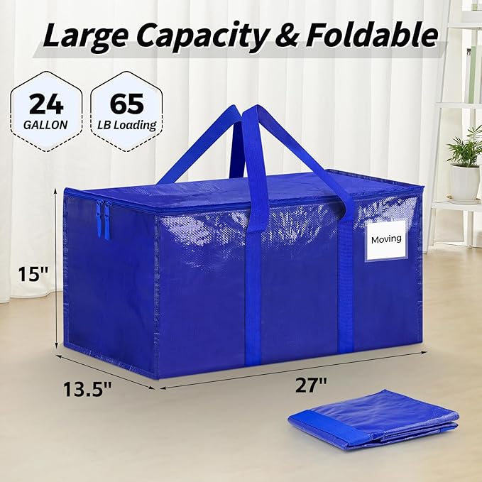 16 Pack Extra Large Heavy Duty Moving Bags, Blue Storage Bins with Lids, Reinforced Handles & Heavy-Duty Zippers Moving Boxes Storage Bags Totes for Clothes Packing, Dorms, College Supplies, Blue