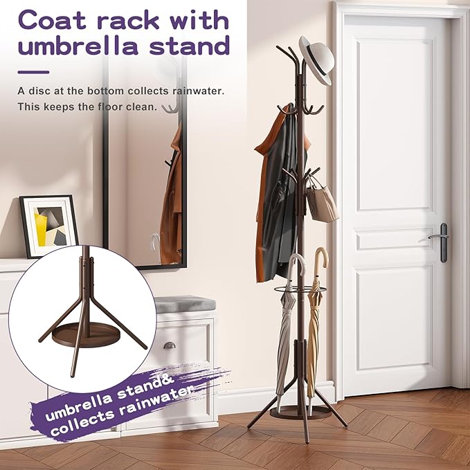 Coat Rack Freestanding,Entryway Hanger Stand,Umbrella Holder,Hall Tree With 12 Hooks, Floor Standing Metal Tree Stand,brown-NeatNest