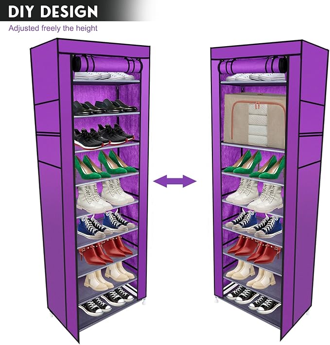 10 Tiers Shoe Rack with Dustproof Cover 27 Pair Shoe Tower Stand Sturdy Shelf Storage Organizer Cabinet Perfect for Bedroom, Closet, Entryway, Dorm Room (Purple)-NeatNest