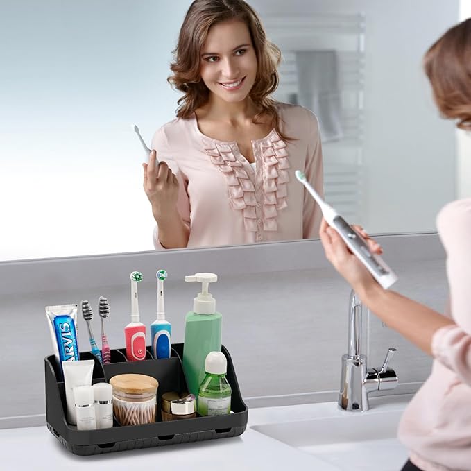 Black Toothbrush Holder - 7 Slots Bathroom Organizer Countertop with Drainage Matte Black Electric Toothbrush and Toothpaste Holder for Bathroom Accessories Organization Vanity Sink Storage