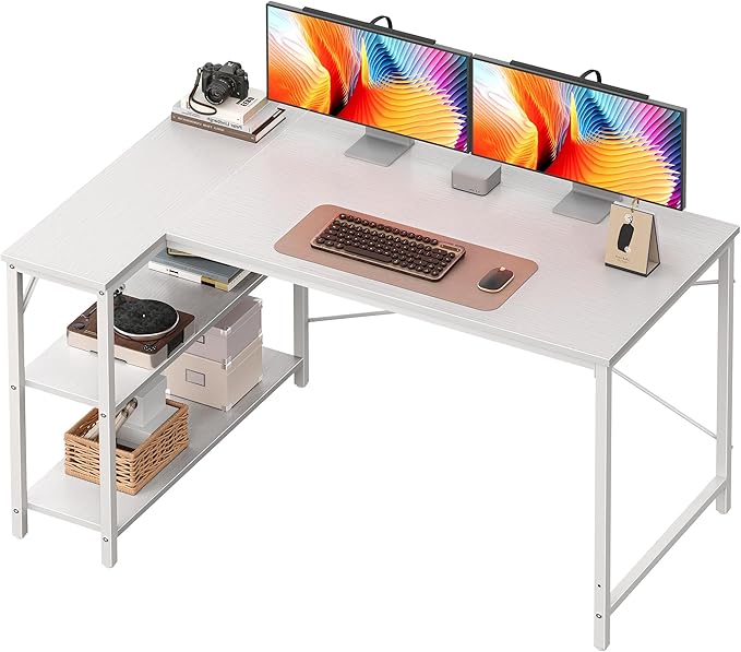 Huuger L-Shaped Desk - 47" Reversible Storage Corner Gaming Desk, Metal Frame, White-NeatNest