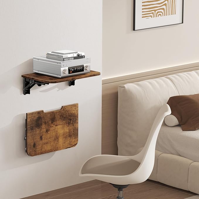 Homode Projector Shelf for Wall, Foldable Floating TV Shelf, Wall Mount DVD Shelf with Heavy-Duty Brackets Under TV for Cable Box, Games Console, 16.5 x 11 Inches, Rustic Brown