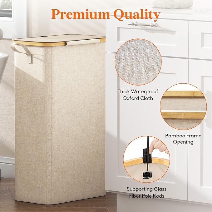 Lifewit 75L Slim Laundry Hamper with Lid, Narrow Laundry Basket with Removable Bag & Bamboo Handles, Fodable Thin Dirty Clothes Hamper for Laundry Collapsible Bin for Bathroom Bedroom Dorm, Beige-NeatNest