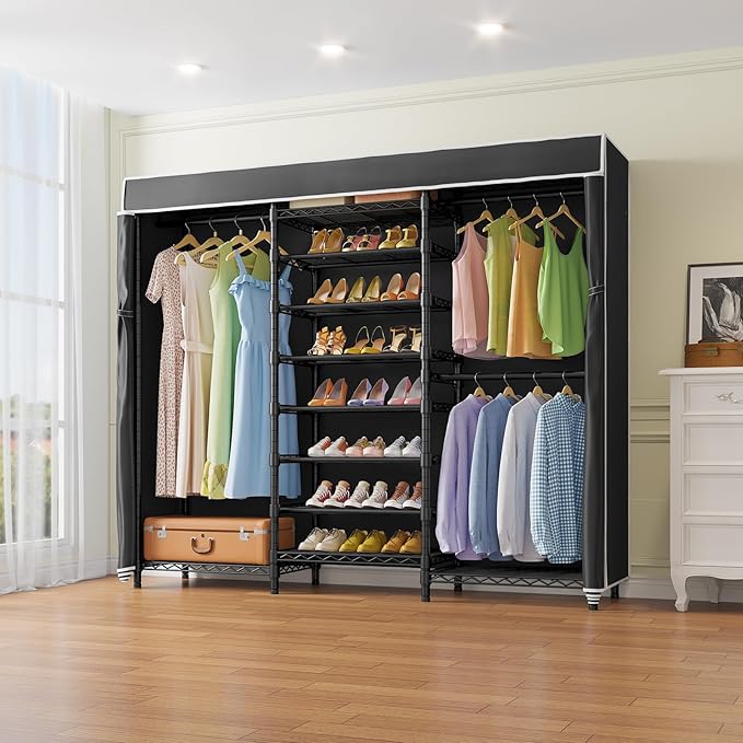 VIPEK S3C Heavy Duty Portable Closet with Adjustable Shoe Rack Wire Shelf, Large Wardrobe Organizer for Bedroom Storage, Freestanding Clothes Rack with Hanging Rod, Custom Black Rack with Black Cover-NeatNest