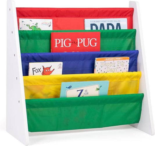 Humble Crew 4-Tier Kids Bookshelf, White Wood/Primary - Premium Book Shelf for Kids Rooms with Four Deep Pockets - Toddler Sling Book Rack with Deep Sleeves, Nursery Bookcase Organizer
