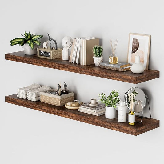 Heimlove 12 Inch Deep Floating Shelves, 55 x 12 inch Extra Long Floating Shelves for Wall, Large Display Shelf & Storage Shelf for Living Room Bedroom Kitchen Home Office, Set of 2, Rustic Brown-NeatNest