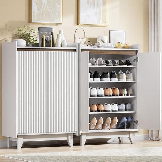 Fluted Shoe Cabinet Set of 2, Large 43.7" Tall Shoe Storage Cabinet for Entryway, 5-Tier Modern Boho Freestanding Shoe Rack Organizer for Foyer, Hallway, White-NeatNest