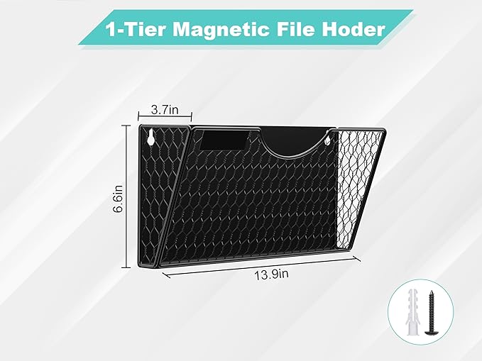 1-Tier Magnetic File Holder for File Cabinets, Refrigerator, Whiteboard, Magnetic Paper Holder, Magnetic Mail Holder, Black Magnetic Folder Holder