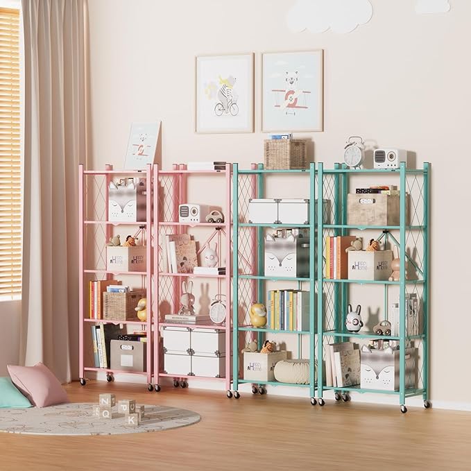 ALANNG 2-Pack Folding Bookshelf on Wheels, Cute Rolling Shelves for Bedroom, Colorful Storage Cart for Kids Rooms, Nursery, No Assembly Metal Book Shelf (5 Tier, Mint Green)