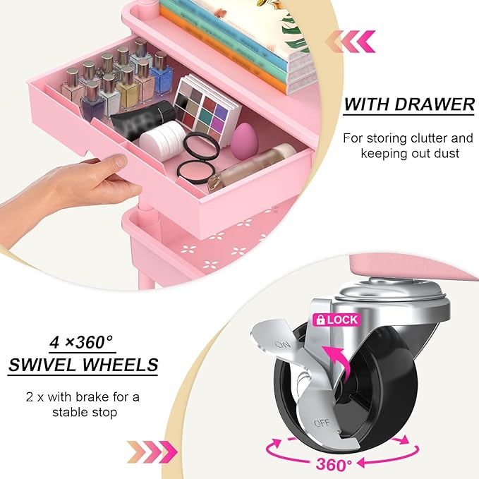 Goovilla 4 Tier Rolling Utility Cart Organizer with Removable Drawer, Stable and Sturdy Pink Rolling Storage Carts with 2 Lockable Wheels for Bathroom, Kitchen, Snack, Craft, Makeup, Baby Essentials