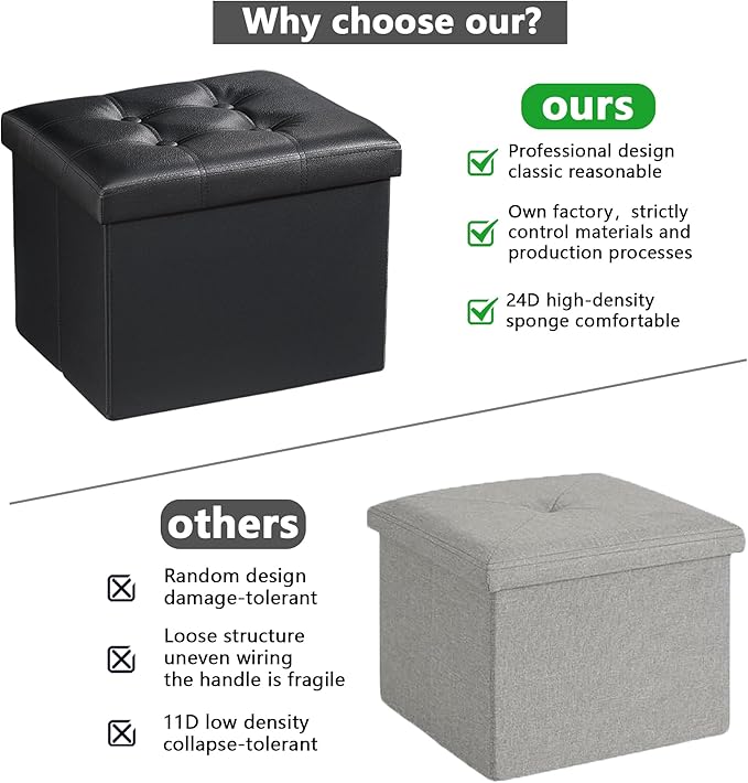 AmasSmile Storage Ottoman Folding Foot Rest Stool, Leather Footstool Bench, Short Ottoman Stool, Storage Foot Rest Store, Books (Black, 17" D x 13" W x 13" H)-NeatNest