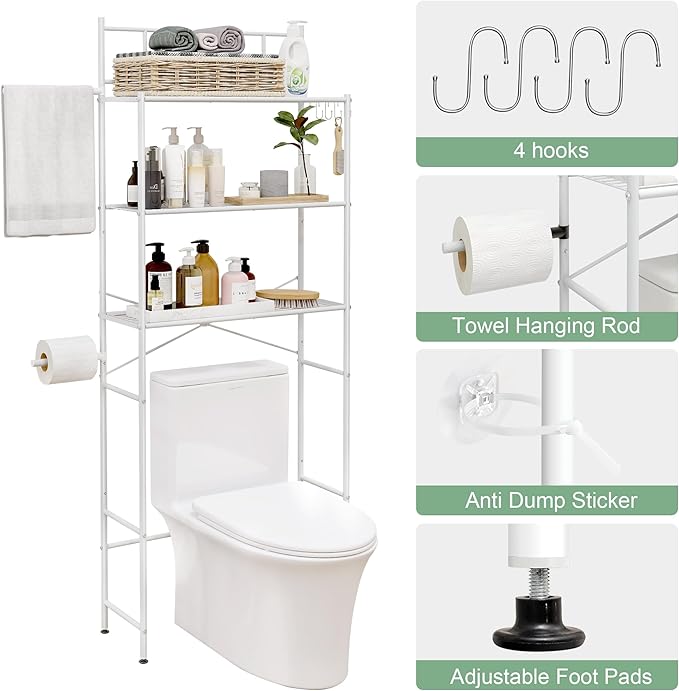 3-Tier Over The Toilet Storage Rack, Freestanding Bathroom Shelves Organizer with Hooks and Toilet Paper Holder, Space Saver Metal Shelf for Small Bathroom, White