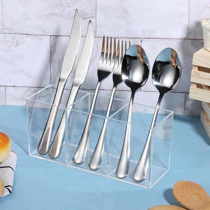 2 Pack Acrylic Cutlery Storage Organizer, Clear Silverware Holder Plastic Utensil Caddy, Cooking Flatware Dispenser with 3 Sections for Kitchen Countertop Cabinet Forks Knives Spoons Organization