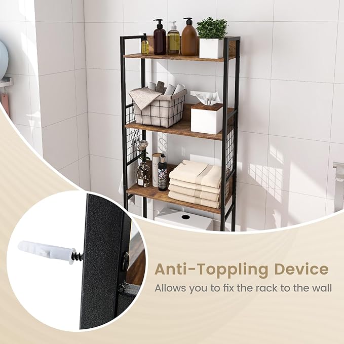 Giantex Over-The-Toilet Storage Shelf, 3-Tier Bathroom Space Saver with 3 Hooks, Industrial Tower Rack for Restroom, Kitchen, Freestanding Bathroom Organizer (Rustic Brown)