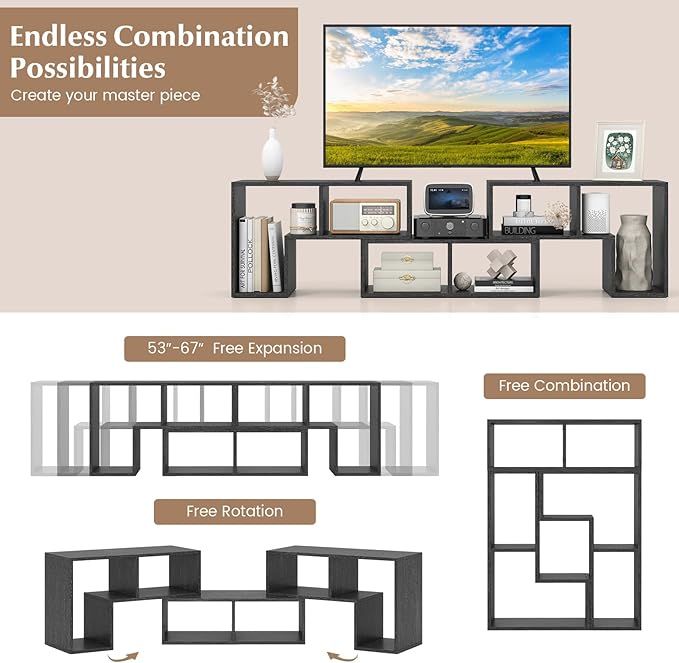 GOFLAME 3 Pieces TV Console Stand, Modern Entertainment Center for 50 55 60 65 Inch Flat Screen TV, Free Combination Bookcase for Storage & Display, Suitable for Living Room (Black Wood Grain)-NeatNest
