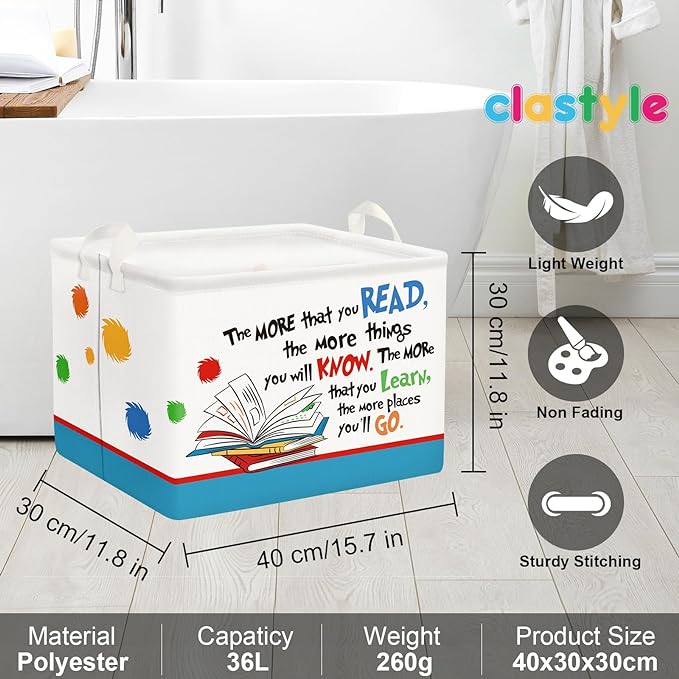Clastyle Collapsible Back to School Reading Book Storage Basket Dr Quotes Book Organizer for Nursery Room Classroom Library Rectangle Kindergarten Daycare Clothes Toys Storage Bin-NeatNest