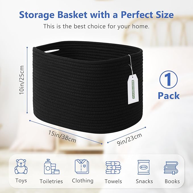 Cotton Rope Storage Basket, 15x10x9 Inches, Woven Basket for Shelves, Clothes, Toys, Towels, Books, and Laundry, Durable and Stylish, Black (1 Pack)-NeatNest