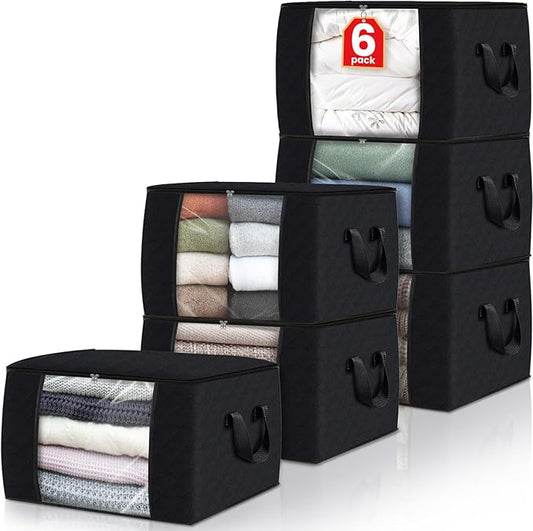 Fab totes 6 Pack Clothes Storage, Foldable Thick Fabric Blanket Storage Bags, Containers for Organizing Bedroom, Closet, Clothing, Comforter,Closet Organization with Handle,Black-NeatNest