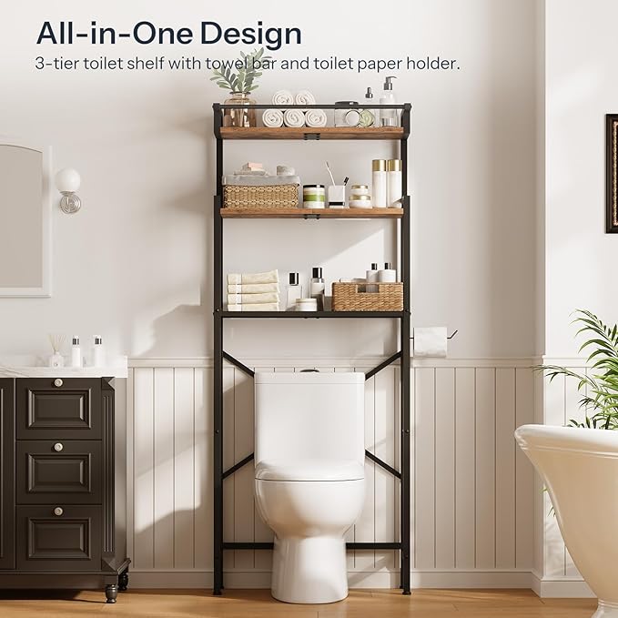HOOBRO Over-The-Toilet Storage Rack, 3-Tier Bathroom Shelves Above Toilet, Bathroom Organizer with Toilet Paper Hook, Laundry Room, Space Saver, Rustic Brown and Black BF21TS01