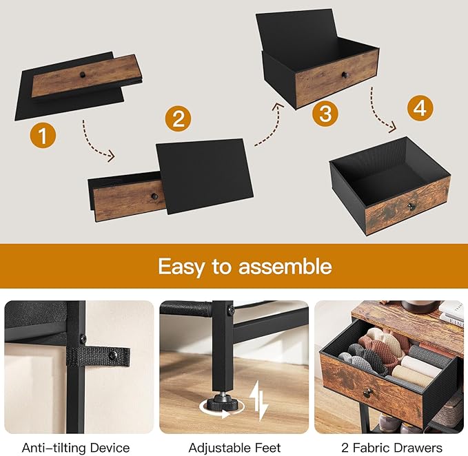 usikey Shoe Rack, 4 Tier Shoe Storage Organizer with 2 Drawers, Metal Shoe Shelf for 9-12 Pairs of Shoes, with 3 Fabric Shelves and Wooden Top, Shoe Stand for Closet Entryway, Rustic Brown-NeatNest