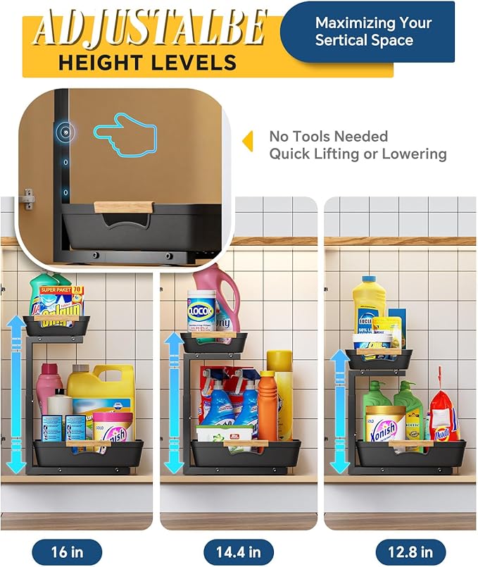 Under Sink Organizer, 2 Tier Adjustable Height Under Sink Organizers and Storage, L-Shaped Slide Out Pull Out Cabinet Organizers for Bathroom Kitchen Pantry (2 Pack, Black)-NeatNest