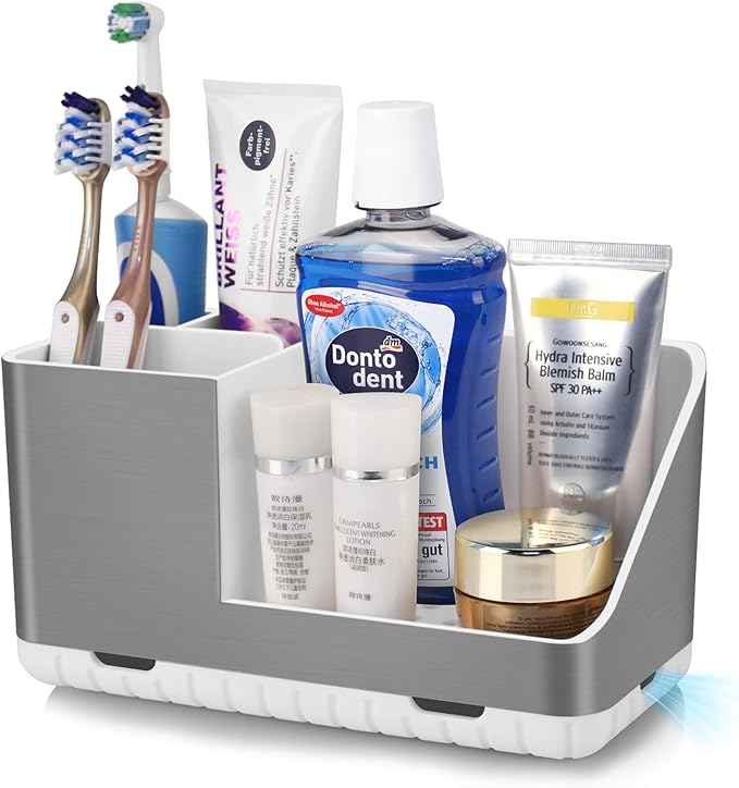 Toothbrush Holders for Bathroom Countertop Organizer, Brushed Nickel Tooth Brush Holder, Kids Electric Toothbrush and Toothpaste Holder with Drainage (Brushed Silver)-NeatNest