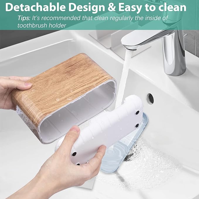 Boperzi Toothbrush and Toothpaste Holder Wood Grain for Bathroom Countertop with Adjustable Dividers, Toothpaste Caddy Organizer Storage Rustic Decor Set Freestanding Anti-Slip for Shower,Family,Kids-NeatNest