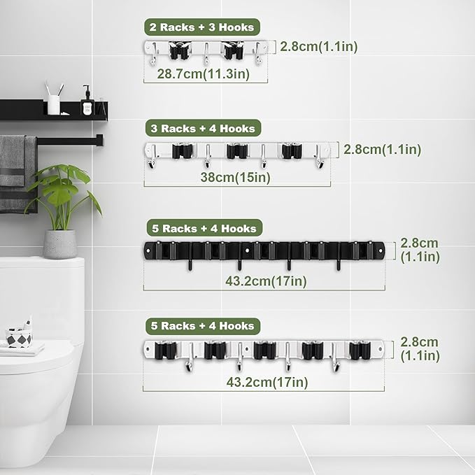 AceMining 2 Pack Black 5 Racks and 4 Hooks Mop and Broom Holder Wall Mount, Broom Organizer Storage Tool Racks Stainless Steel Heavy Duty Hooks Self Adhesive Solid Non-slip for Home Kitchen Garden-NeatNest