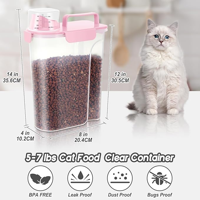 5-7Lbs Dog Cat Food Storage Container with Upgraded Large Nozzle BPA-free, 4 Snap Seals Plastic Pet Food Storage Containers with Handles (1, Light Pink, 5L)-NeatNest