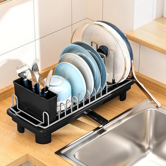 Compact Dish Drying Rack with Utensil Holder – Small Countertop Dish Drainer with 360° Rotating Drain Spout, Stainless Steel Dish Rack for Kitchen Sink, Space-Saving Design for Small Kitchen-NeatNest