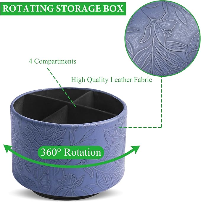 Hennaja Round Leather Art Supply Organizer,Remote Control Holder,360 Degree Spinning,Multi-Functional Pencil Holder,4 Compartments Desktop Stationary Organizer(1-Carved Dark Blue)-NeatNest